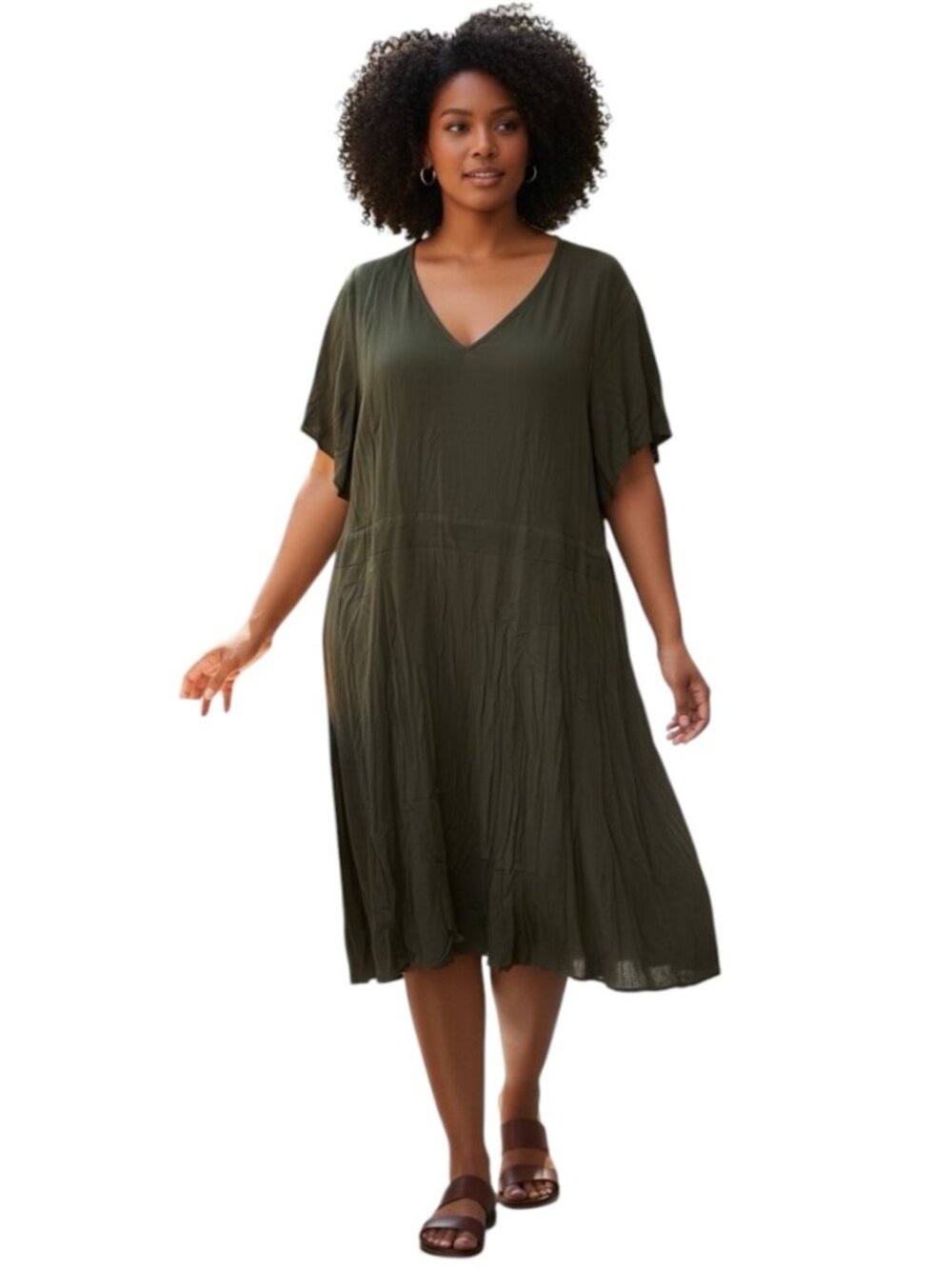 Torrid 3X Olive Green Crinkle Rayon Short Sleeve Midi Dress Smocked Back Boho